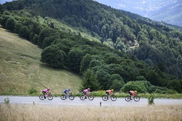 Ecuadorian Richard Carapaz of EF Education-EasyPost, French Valentin Paret-Peintre of Soudal Quick-Step, Irish Ben Healy of EF Education-EasyPost, Norwegian Tobias Halland Johannessen of Uno-X Mobility and Norwegian Anders Halland Johannessen of Uno-X Mobility are pictured during stage 14 of the 2026 Tour de France cycling race, a stage of 155km from Mulhouse to Le Markstein Fellering, on Saturday 18 July 2026. The 113th edition of the Tour de France starts on Saturday 4 July in Barcelona, Spain, and will finish in Paris, France on the 26th of July. JASPERxJACOBS  x181417144x