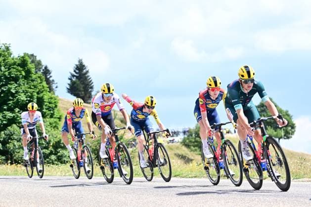 Tour de France 2026 Stage 14 LE MARKSTEIN, FRANCE - JULY 18 : Vacek Mathias (CZE) of Lidl Trek, Pedersen Mads (DEN) of Lidl - Trek in action during stage 14 of the 113rd edition of Tour de France an UCI World Tour 2.UWT cycling road race stage for Men Elite of 155 km with start in Mulhouse and finish in Le Markstein on July 18, 2026 in Le Markstein, France, 18 07 2026 ( Motordriver Kurt Vandenborre - Le Markstein France  Copyright: xPeterxDexVoechtx