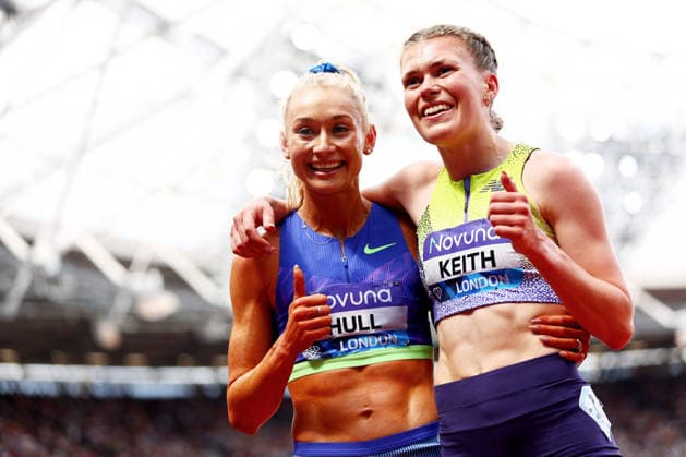 Jessica Hull of Australia and Megan Kieth of Great Britain after the 3000m Women. The London Athletics Meet, Wanda Diamond League, London Stadium, London, UK - 18 Jul 2026London London Stadium United Kingdom  Copyright: xJamesxMarsh Shutterstockx 16996766aq