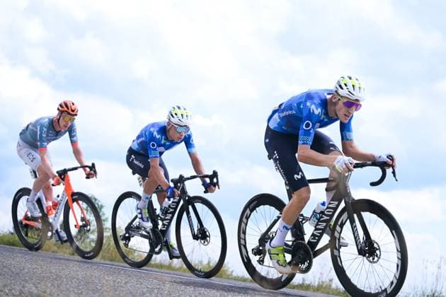 Dutch Thymen Arensman of Netcompany-INEOS, Spanish Pablo Castrillo of Movistar Team, Colombian Einer Augusto Rubio of Movistar Team are pictured during, Dutch Thymen Arensman of Netcompany-INEOS, Colombian Einer Augusto Rubio of Movistar Team and Spanish Pablo Castrillo of Movistar Team are pictured during stage 14 of the 2026 Tour de France cycling race, a stage of 155km from Mulhouse to Le Markstein Fellering, on Saturday 18 July 2026. The 113th edition of the Tour de France starts on Saturday 4 July in Barcelona, Spain, and will finish in Paris, France on the 26th of July. DAVIDxPINTENS  x181417566x