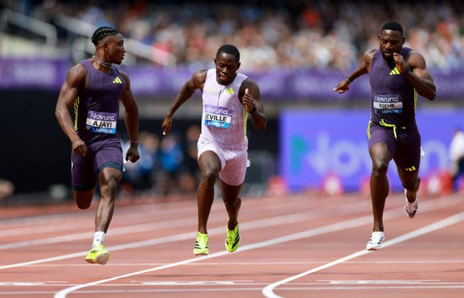Kayinsola Ajayi of Nigeria wins ahead of Oblique Seville of Jamaica in the 100m Men. The London Athletics Meet, Wanda Diamond League, London Stadium, London, UK - 18 Jul 2026London London Stadium United Kingdom  Copyright: xJamesxMarsh Shutterstockx 16996766az