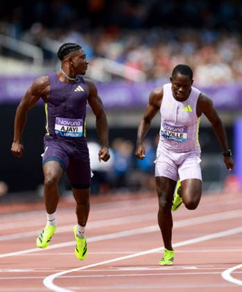 Kayinsola Ajayi of Nigeria wins ahead of Oblique Seville of Jamaica in the 100m Men. The London Athletics Meet, Wanda Diamond League, London Stadium, London, UK - 18 Jul 2026London London Stadium United Kingdom  Copyright: xJamesxMarsh Shutterstockx 16996766ba