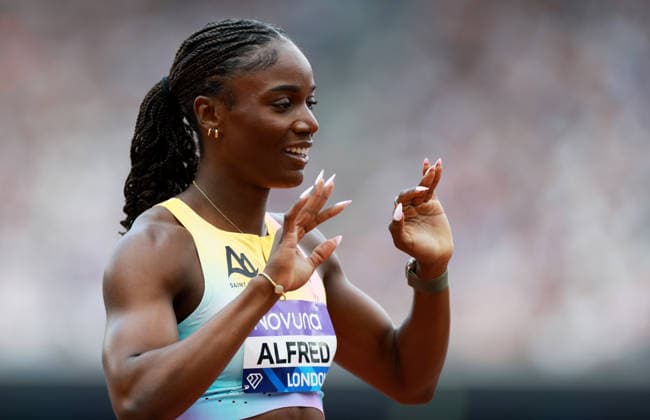 Julien Alfred of Saint Lucia wins the 200m Women. The London Athletics Meet, Wanda Diamond League, London Stadium, London, UK - 18 Jul 2026London London Stadium United Kingdom  Copyright: xJamesxMarsh Shutterstockx 16996766bh