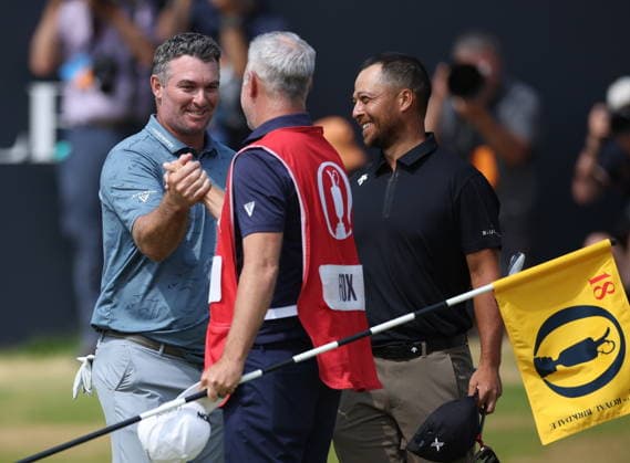 154th Open Golf Championships - Round 3 Ryan Fox of Australia (C) shakes hands with his caddie Dean Smith (2-R) and Xander Schauffele of the USA (R) after their round at the British Open Golf Championships at Royal Birkdale in Southport, Britain, 18 July 2026. SOUTHPORT UNITED KINGDOM  Copyright: xADAMxVAUGHANx