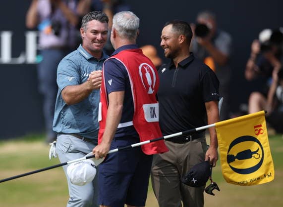 154th Open Golf Championships - Round 3 Ryan Fox of Australia (C) shakes hands with his caddie Dean Smith (2-R) and Xander Schauffele of the USA (R) after their round at the British Open Golf Championships at Royal Birkdale in Southport, Britain, 18 July 2026. SOUTHPORT UNITED KINGDOM  Copyright: xADAMxVAUGHANx