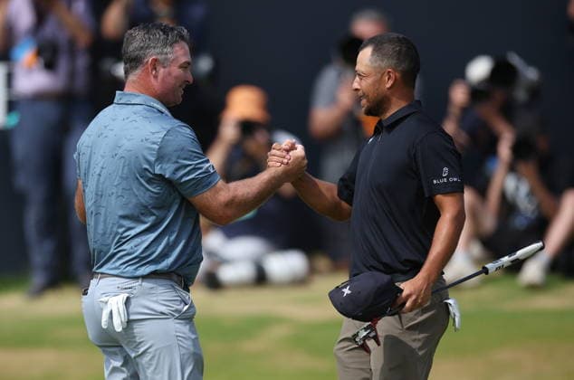 154th Open Golf Championships - Round 3 Ryan Fox of Australia (L) shakes hands with Xander Schauffele of the USA (R) after their round at the British Open Golf Championships at Royal Birkdale in Southport, Britain, 18 July 2026. SOUTHPORT UNITED KINGDOM  Copyright: xADAMxVAUGHANx