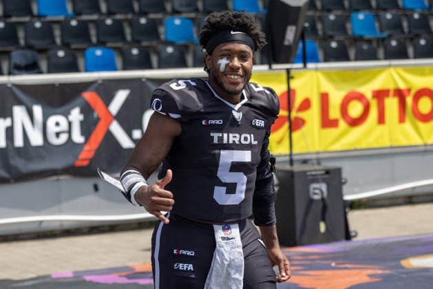 Kenyatte Allen Jr. (Raiders Tirol, 05) PORTRAIT, SMILING, Frankfurt Galaxy vs Raiders Tirol, American Football, EFA, Week 10, 2026, 18.07.2026, Frankfurt a.M. PSD Bank Arena Germany Copyright: xFootxBowl BjörnxKecker_Keckenbax