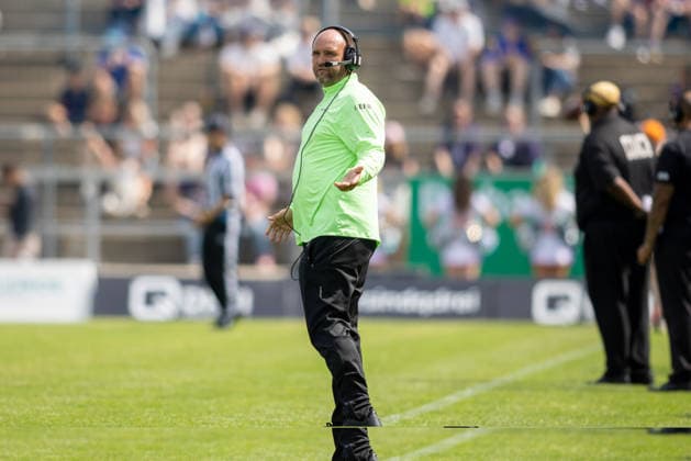 Thomas Koesling (Frankfurt Galaxy, Head Coach) speachless, Frankfurt Galaxy vs Raiders Tirol, American Football, EFA, Week 10, 2026, 18.07.2026, Frankfurt a.M. PSD Bank Arena Germany Copyright: xFootxBowl BjörnxKecker_Keckenbax