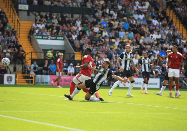 Arnaud Kalimuendo of Nottingham Forest heads-in their second goal against Notts County. Notts County v Nottingham Forest, Pre Season Friendly, Football, Meadow Lane, Nottingham, UK - 18 Jul 2026Nottingham Meadow Lane United Kingdom EDITORIAL USE ONLY No use with unauthorised audio, video, data, fixture lists, club league logos or live services. Online in-match use limited to 120 images, no video emulation. No use in betting, games or single club league player publications.  Copyright: xLindseyxParnaby Shutterstockx 16995430t