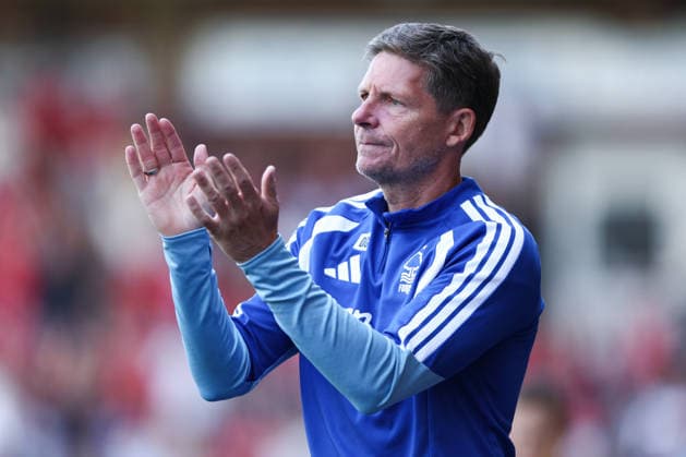 Nottingham, England, 18th July 2026. Oliver Glasner manager of Nottingham Forest applauds following Nottingham Forest s first goal during the Notts County vs Nottingham Forest Pre Season Friendly match at Meadow Lane, Nottingham. Picture credit should read: Jake Youle Sportimage EDITORIAL USE ONLY. No use with unauthorised audio, video, data, fixture lists, club league logos or live services. Online in-match use limited to 120 images, no video emulation. No use in betting, games or single club league player publications. SPI_012_JY_Notts_County_Nottm_Forest SPI-4861-0010