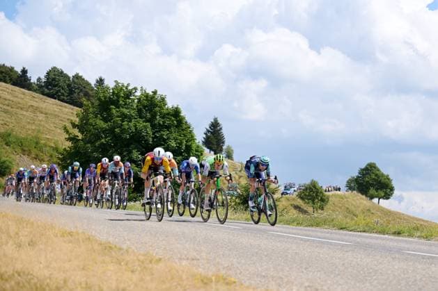 The pack of riders pictured in action during stage 14 of the 2026 Tour de France cycling race, a stage of 155km from Mulhouse to Le Markstein Fellering, on Saturday 18 July 2026. The 113th edition of the Tour de France starts on Saturday 4 July in Barcelona, Spain, and will finish in Paris, France on the 26th of July. DAVIDxPINTENS  x181422489x