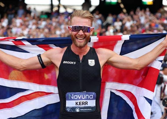 RECORD DATE NOT STATED 18th July 2026; London Stadium, London, England; 2026 Diamond League Novuna London Athletics Meet; Josh Kerr of Great Britain celebrates with the Union Jack flag after achieving the 1 Mile Men World Record in 3:42:66 JohnxPatrickxFletcher