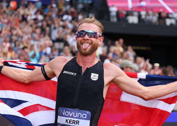 RECORD DATE NOT STATED 18th July 2026; London Stadium, London, England; 2026 Diamond League Novuna London Athletics Meet; Josh Kerr of Great Britain celebrates with the Union Jack flag after achieving the 1 Mile Men World Record in 3:42:66 JohnxPatrickxFletcher