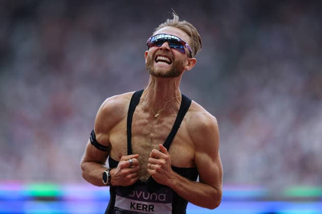 RECORD DATE NOT STATED 18th July 2026; London Stadium, London, England; 2026 Diamond League Novuna London Athletics Meet; Josh Kerr of Great Britain celebrates immediately after achieving the 1 Mile Men World Record in 3:42:66 JohnxPatrickxFletcher