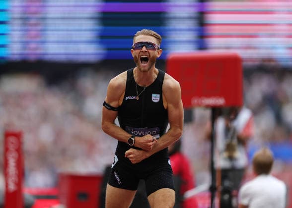 RECORD DATE NOT STATED 18th July 2026; London Stadium, London, England; 2026 Diamond League Novuna London Athletics Meet; Josh Kerr of Great Britain celebrates immediately after achieving the 1 Mile Men World Record in 3:42:66 JohnxPatrickxFletcher