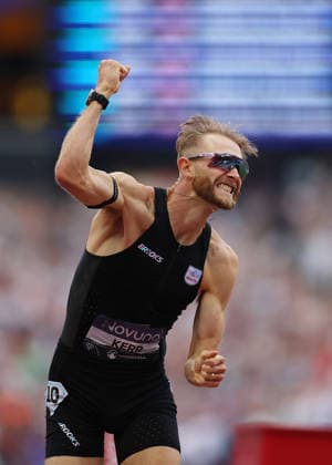 RECORD DATE NOT STATED 18th July 2026; London Stadium, London, England; 2026 Diamond League Novuna London Athletics Meet; Josh Kerr of Great Britain celebrates immediately after achieving the 1 Mile Men World Record in 3:42:66 JohnxPatrickxFletcher