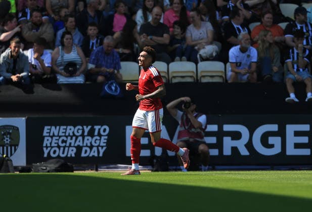 Jair Cunha of Nottingham Forest celebrates scoring the opening goal against Notts County. Notts County v Nottingham Forest, Pre Season Friendly, Football, Meadow Lane, Nottingham, UK - 18 Jul 2026Nottingham Meadow Lane United Kingdom EDITORIAL USE ONLY No use with unauthorised audio, video, data, fixture lists, club league logos or live services. Online in-match use limited to 120 images, no video emulation. No use in betting, games or single club league player publications.  Copyright: xLindseyxParnaby Shutterstockx 16995430u