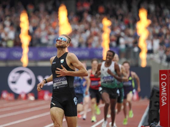 Josh Kerr crosses the finishing line in a record time for the mile that had previously stood fir 27 years the during the Diamond League Athletics at the London Stadium, Queen Elizabeth Olympic Park , London, England on 18 July 2026. Copyright: xPhilxHutchinsonx 45280025