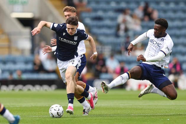 RECORD DATE NOT STATED 18th July 2026; Dens Park, Dundee, Scotland; Friendly Football, Dundee versus Everton; Charlie Reilly of Dundee is brought down by Tim Iroegbunam of Everton DavidxYoung