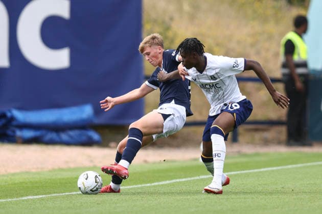 RECORD DATE NOT STATED 18th July 2026; Dens Park, Dundee, Scotland; Friendly Football, Dundee versus Everton; Charley Oosenbrugh of Dundee shields the ball from Tyrique George of Everton DavidxYoung