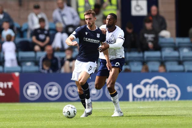 RECORD DATE NOT STATED 18th July 2026; Dens Park, Dundee, Scotland; Friendly Football, Dundee versus Everton; Owen Bevan of Dundee goes past Beto of Everton DavidxYoung