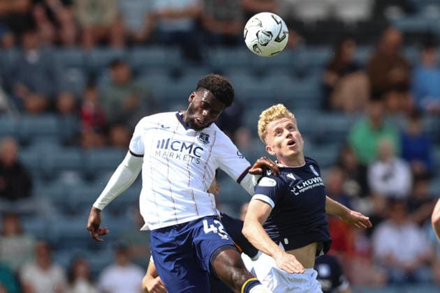 RECORD DATE NOT STATED 18th July 2026; Dens Park, Dundee, Scotland; Friendly Football, Dundee versus Everton; Tim Iroegbunam of Everton competes in the air with Joe Westley of Dundee DavidxYoung