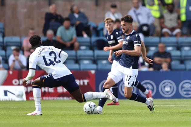 RECORD DATE NOT STATED 18th July 2026; Dens Park, Dundee, Scotland; Friendly Football, Dundee versus Everton; Zan Besir of Dundee takes on Tim Iroegbunam of Everton DavidxYoung