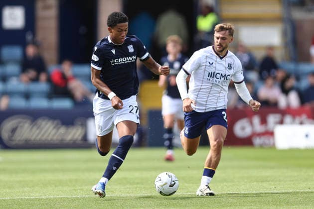 RECORD DATE NOT STATED 18th July 2026; Dens Park, Dundee, Scotland; Friendly Football, Dundee versus Everton; Joe Bevan of Dundee goes past Kiernan Dewsbury-Hall of Everton DavidxYoung