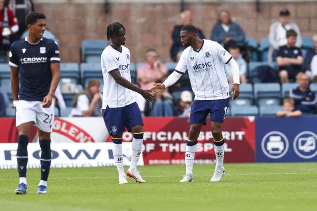 RECORD DATE NOT STATED 18th July 2026; Dens Park, Dundee, Scotland; Friendly Football, Dundee versus Everton; Beto of Everton is congratulated after scoring for 1-0 in the 38th minute by Tyrique George DavidxYoung