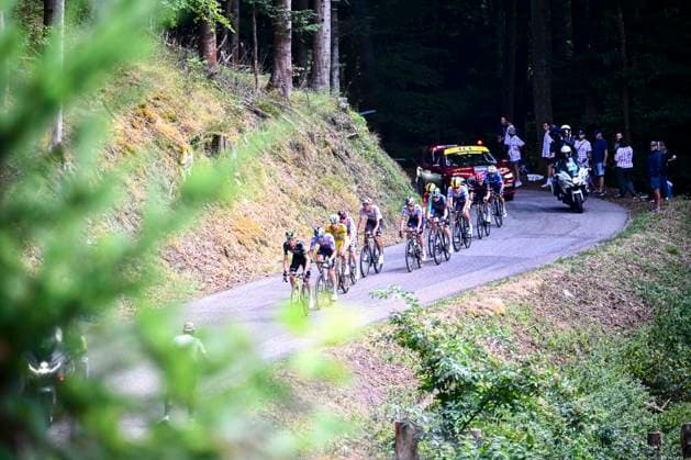 Tour de France 2026 Stage 14 LE MARKSTEIN, FRANCE - JULY 18 : Pogacar Tadej (SLO) of UAE Team Emirates XRG, Evenepoel Remco (BEL) of Red Bull BORA Hansgrohe, Vingegaard Jonas (DEN) of Team Visma Lease a Bike in action during stage 14 of the 113rd edition of Tour de France an UCI World Tour 2.UWT cycling road race stage for Men Elite of 155 km with start in Mulhouse and finish in Le Markstein on July 18, 2026 in Le Markstein, France, 18 07 2026 ( Motordriver Kurt Vandenborre - Le Markstein France  Copyright: xGvgx