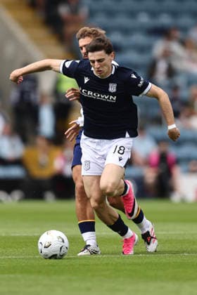 RECORD DATE NOT STATED 18th July 2026; Dens Park, Dundee, Scotland; Friendly Football, Dundee versus Everton; Charlie Reilly of Dundee challenges for the ball with Kiernan Dewsbury-Hall of Everton DavidxYoung