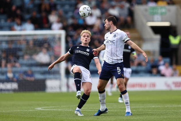 RECORD DATE NOT STATED 18th July 2026; Dens Park, Dundee, Scotland; Friendly Football, Dundee versus Everton; Joe Westley of Dundee challenges for the ball with Michael Keane of Everton DavidxYoung