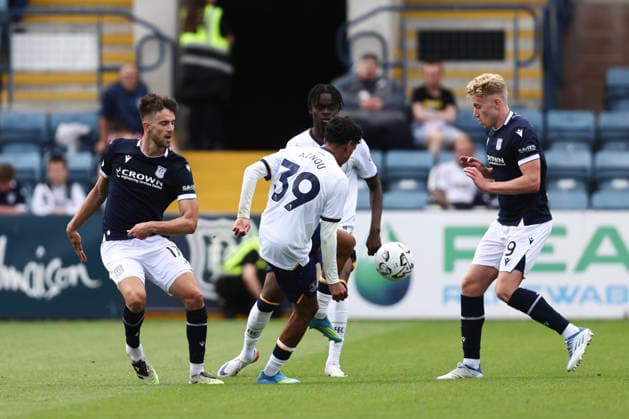 RECORD DATE NOT STATED 18th July 2026; Dens Park, Dundee, Scotland; Friendly Football, Dundee versus Everton; Zan Besir and Joe Westley of Dundee challenge for the ball with Adam Aznou of Everton DavidxYoung
