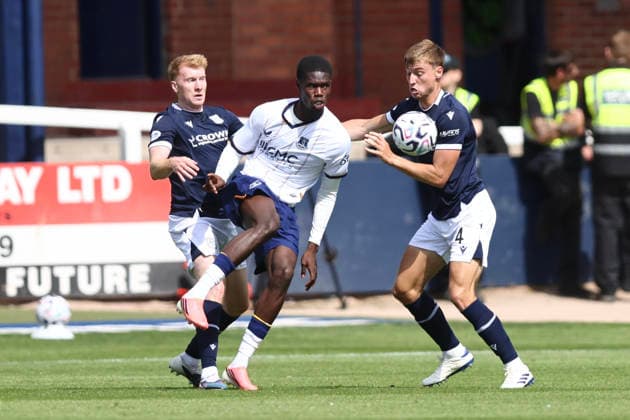 RECORD DATE NOT STATED 18th July 2026; Dens Park, Dundee, Scotland; Friendly Football, Dundee versus Everton; Thierno Barry of Everton challenges for the ball with Brad Halliday and Ryan Astley of Dundee DavidxYoung