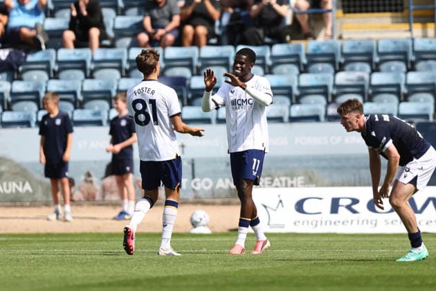 RECORD DATE NOT STATED 18th July 2026; Dens Park, Dundee, Scotland; Friendly Football, Dundee versus Everton; Ashley Hay of Dundee is congratulated after scoring for 3-0 by Harvey Foster DavidxYoung