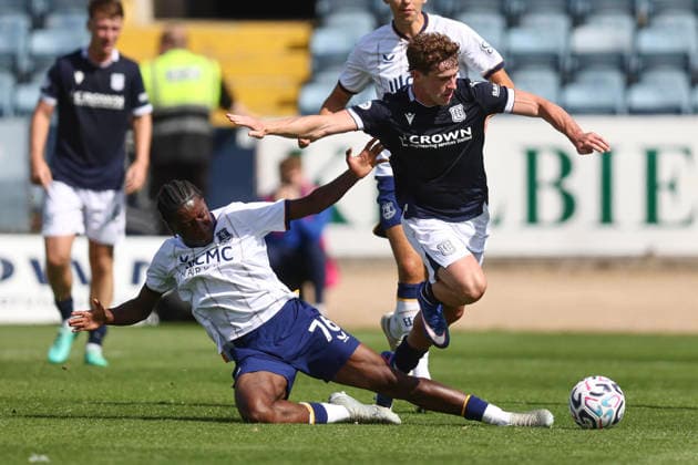 RECORD DATE NOT STATED 18th July 2026; Dens Park, Dundee, Scotland; Friendly Football, Dundee versus Everton; Finlay Robertson of Dundee goes past Makik Olayiwoa of Everton DavidxYoung