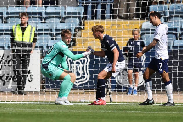 RECORD DATE NOT STATED 18th July 2026; Dens Park, Dundee, Scotland; Friendly Football, Dundee versus Everton; Dundee goalkeeper Harrison Sharp is helped to his feet by Charley Oosenbrugh of Dundee after conceding to Dwight McNeil of Everton for 4-0 DavidxYoung