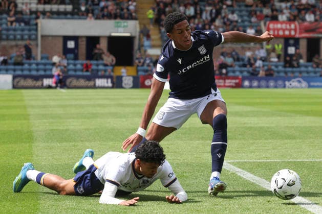 RECORD DATE NOT STATED 18th July 2026; Dens Park, Dundee, Scotland; Friendly Football, Dundee versus Everton; Joe Bevan of Dundee goes past Adam Aznou of Everton DavidxYoung