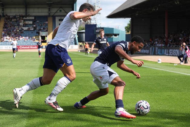 RECORD DATE NOT STATED 18th July 2026; Dens Park, Dundee, Scotland; Friendly Football, Dundee versus Everton; Ashley Hay of Dundee shields the ball from James Tarkowski of Everton DavidxYoung