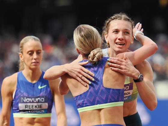 Keely Hodgkinson celebrates with Femke Broeders Bol who finished second having moved up from her normal distance in the 800 metres and final event during the Diamond League Athletics at the London Stadium, Queen Elizabeth Olympic Park , London, England on 18 July 2026. Copyright: xPhilxHutchinsonx 45280039