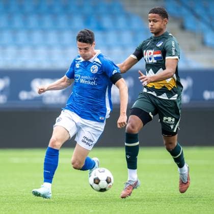 EINDHOVEN , 18-07-2026 , Jan Louwers Stadium , pre season 2026 2027 , Dutch Keukenkampioen divisie , football , match between FC Eindhoven and FC Den Bosch, picture shows FC Den Bosch player Stan Maas FC Eindhoven player Amir Bryson Eindhoven - Den Bosch (friendly)  x205090140x Copyright: