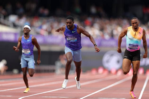 RECORD DATE NOT STATED 18th July 2026; London Stadium, London, England; 2026 Diamond League Novuna London Athletics Meet; Rai Benjamin of Great Britain crossing the finishing line to win the men& x2019;s 400m race beating Matthew Hudson-Smith of Great Britain who came in 2nd place JohnxPatrickxFletcher