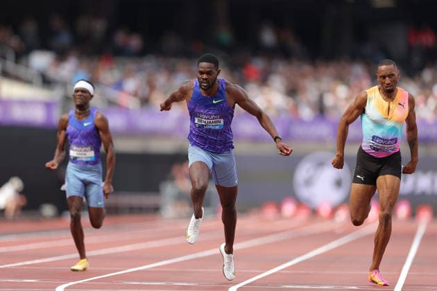 RECORD DATE NOT STATED 18th July 2026; London Stadium, London, England; 2026 Diamond League Novuna London Athletics Meet; Rai Benjamin of Great Britain crossing the finishing line to win the men& x2019;s 400m race beating Matthew Hudson-Smith of Great Britain who came in 2nd place JohnxPatrickxFletcher