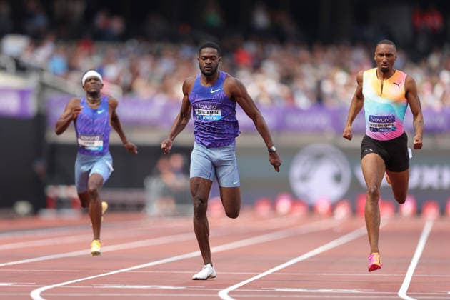RECORD DATE NOT STATED 18th July 2026; London Stadium, London, England; 2026 Diamond League Novuna London Athletics Meet; Rai Benjamin of Great Britain crossing the finishing line to win the men& x2019;s 400m race beating Matthew Hudson-Smith of Great Britain who came in 2nd place JohnxPatrickxFletcher