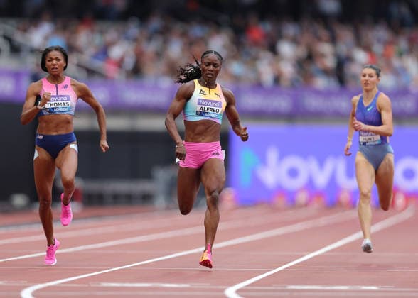 RECORD DATE NOT STATED 18th July 2026; London Stadium, London, England; 2026 Diamond League Novuna London Athletics Meet; Julien Alfred of Saint Lucia crossing the finishing line to win the Women& x2019;s 400m race beating Amy Hunt of Great Britain who finished a disappointed 5th place JohnxPatrickxFletcher