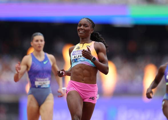 RECORD DATE NOT STATED 18th July 2026; London Stadium, London, England; 2026 Diamond League Novuna London Athletics Meet; Julien Alfred of Saint Lucia crossing the finishing line to win the Women& x2019;s 400m race beating Amy Hunt of Great Britain who finished a disappointed 5th place JohnxPatrickxFletcher