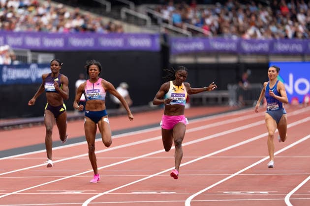 July 18, 2026, London, United Kingdom: Julien Alfred of Saint Lucia crosses the finish line to win the women s 200m in a meeting record of 21.66 during the Novuna London Athletics Meet at London Stadium. London United Kingdom - ZUMAh209 20260718_zsp_h209_017 Copyright: xAlixHabibx