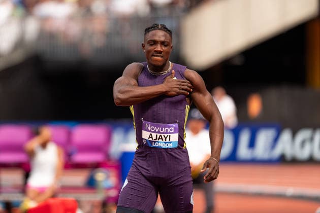 July 18, 2026, London, United Kingdom: Kayinsola Ajayi of Nigeria celebrates after winning the men s 100m in a national record-equalling 9.84 during the Novuna London Athletics Meet at London Stadium. London United Kingdom - ZUMAh209 20260718_zsp_h209_021 Copyright: xAlixHabibx