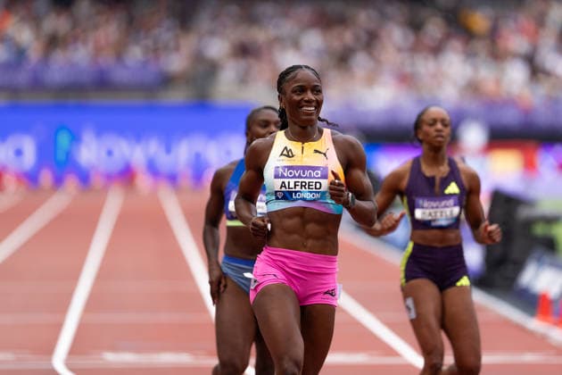 July 18, 2026, London, United Kingdom: Julien Alfred of Saint Lucia celebrates after winning the women s 200m in a meeting record of 21.66 during the Novuna London Athletics Meet at London Stadium. London United Kingdom - ZUMAh209 20260718_zsp_h209_022 Copyright: xAlixHabibx