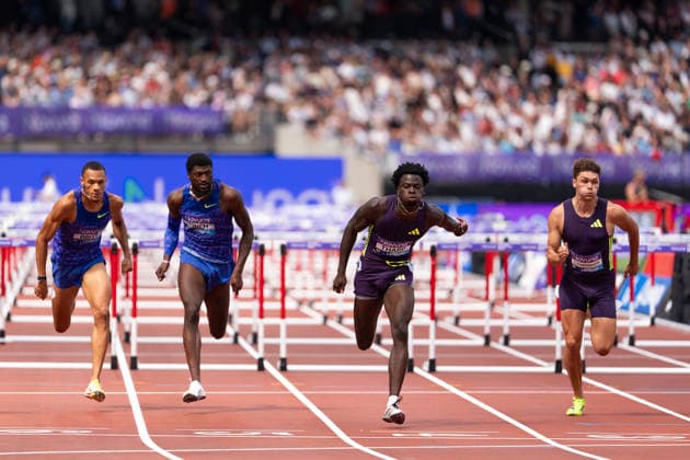 July 18, 2026, London, United Kingdom: Ja Kobe Tharp of the United States crosses the finish line to win the men s 110m hurdles in a meeting record of 12.89 during the Novuna London Athletics Meet at London Stadium. London United Kingdom - ZUMAh209 20260718_zsp_h209_026 Copyright: xAlixHabibx